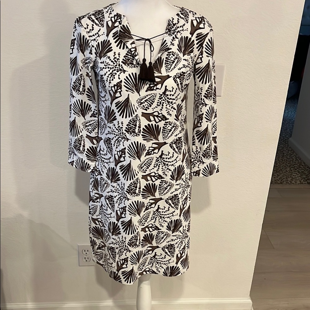 White and Brown Seashell Print, Tie Front Sheath Dress with 3/4 Bishop Sleeves